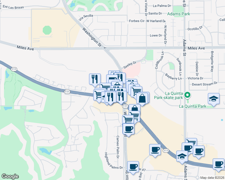 map of restaurants, bars, coffee shops, grocery stores, and more near 78370 California 111 in La Quinta