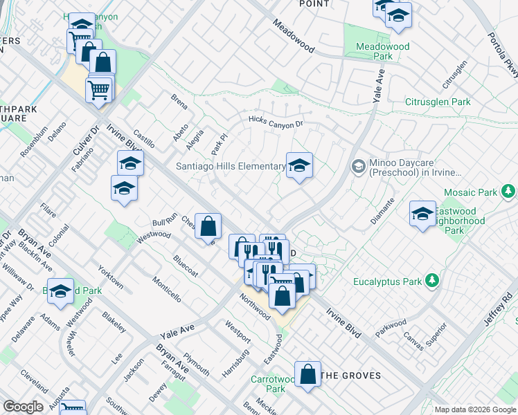 map of restaurants, bars, coffee shops, grocery stores, and more near 1 Alameda in Irvine