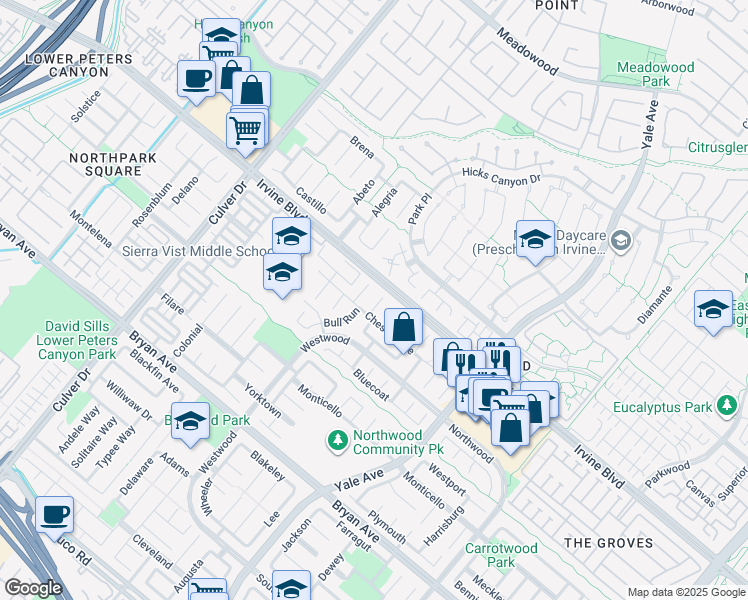 map of restaurants, bars, coffee shops, grocery stores, and more near 14 Chattanooga in Irvine