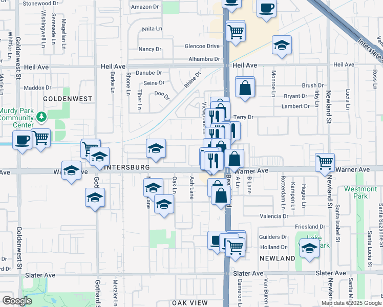map of restaurants, bars, coffee shops, grocery stores, and more near 7912 Westwood Lane in Huntington Beach