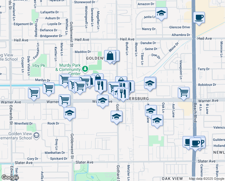 map of restaurants, bars, coffee shops, grocery stores, and more near 7331 Toulouse Drive in Huntington Beach