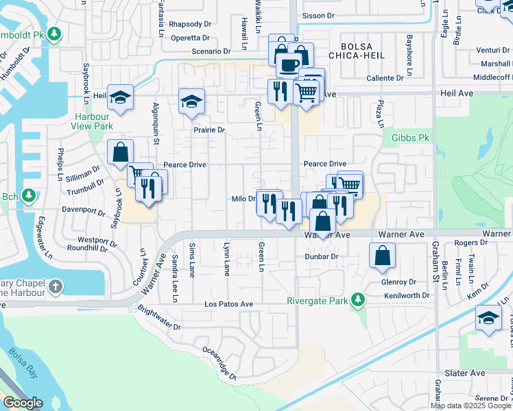 map of restaurants, bars, coffee shops, grocery stores, and more near 16861 Green Lane in Huntington Beach
