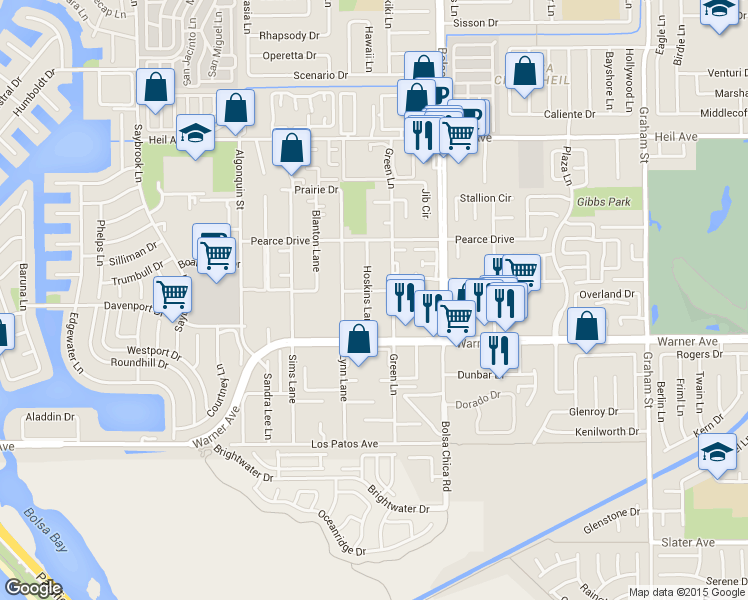 map of restaurants, bars, coffee shops, grocery stores, and more near 16861 Green Lane in Huntington Beach