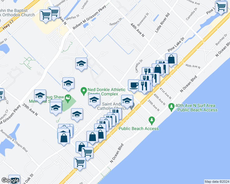 map of restaurants, bars, coffee shops, grocery stores, and more near 600 37th Avenue North in Myrtle Beach