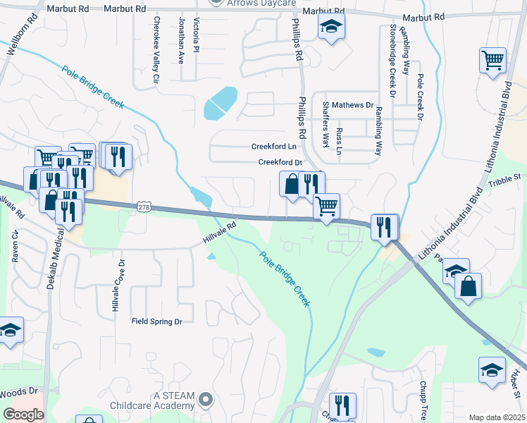 map of restaurants, bars, coffee shops, grocery stores, and more near 2393 Cragstone Court in Lithonia