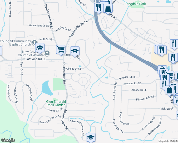 map of restaurants, bars, coffee shops, grocery stores, and more near 1933 Brannen Road Southeast in Atlanta