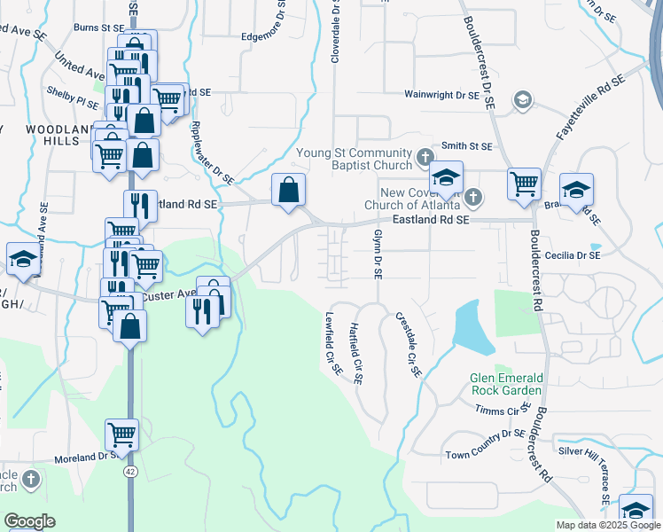 map of restaurants, bars, coffee shops, grocery stores, and more near 1415 Eastland Road Southeast in Atlanta
