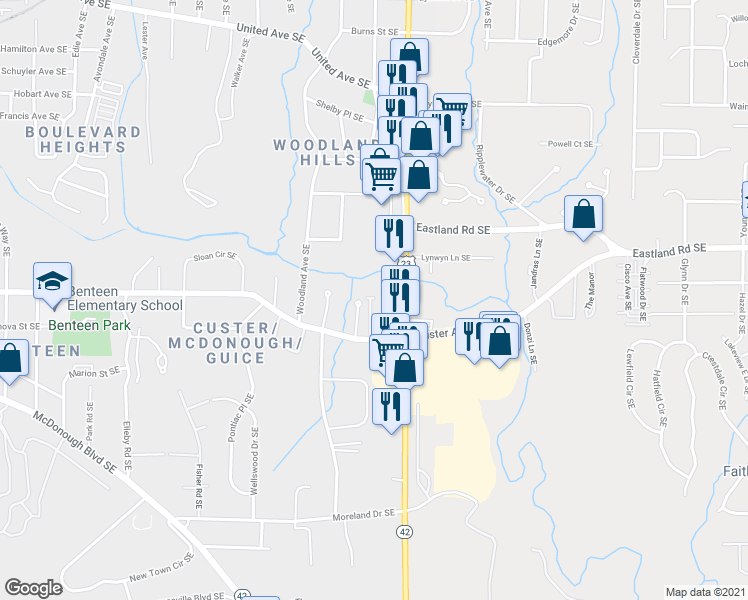 map of restaurants, bars, coffee shops, grocery stores, and more near 1315 Heights Park Drive in Atlanta