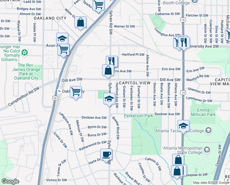 map of restaurants, bars, coffee shops, grocery stores, and more near 1395 Hartford Avenue Southwest in Atlanta