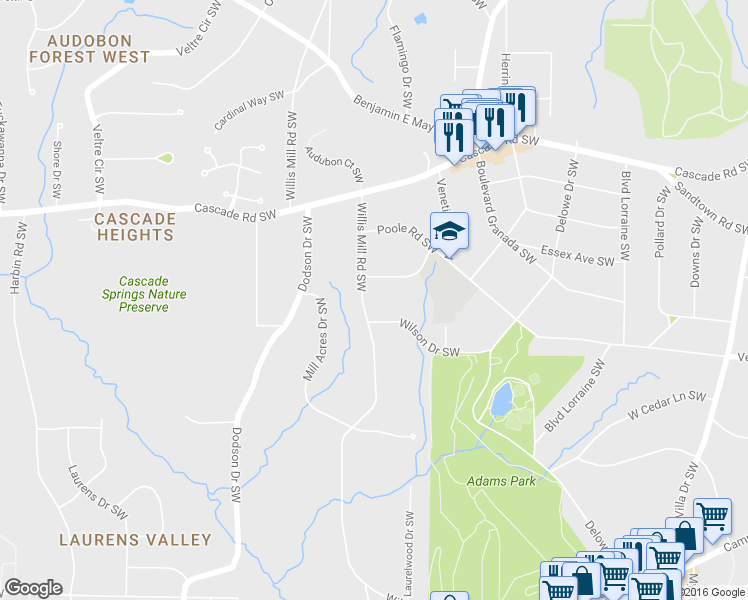 map of restaurants, bars, coffee shops, grocery stores, and more near 2464 Ovidia Circle Southwest in Atlanta