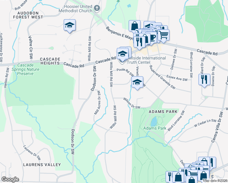 map of restaurants, bars, coffee shops, grocery stores, and more near 1395 Willis Mill Road Southwest in Atlanta