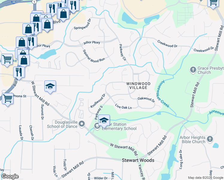 map of restaurants, bars, coffee shops, grocery stores, and more near 6739 Valley Court in Douglasville