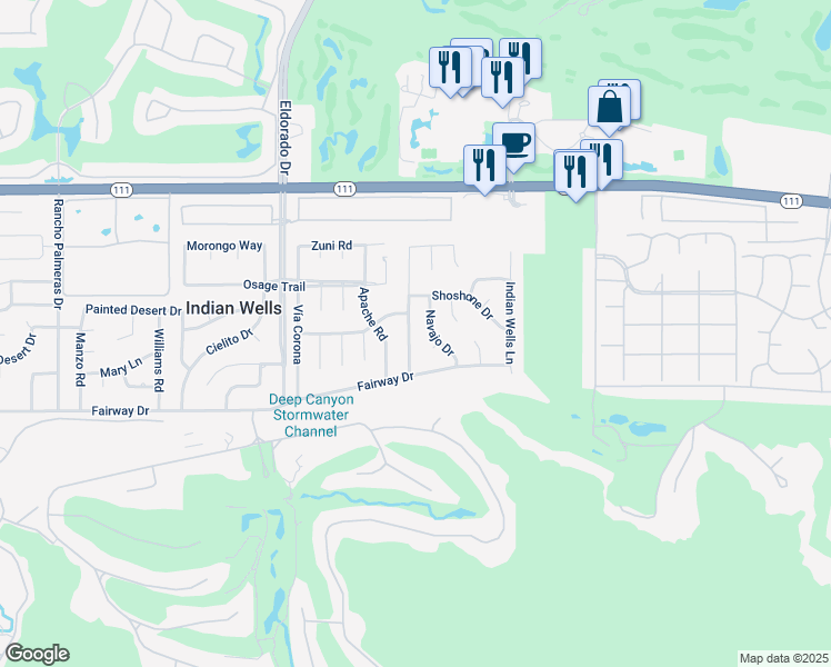 map of restaurants, bars, coffee shops, grocery stores, and more near 45630 Camino Del Rey in Indian Wells