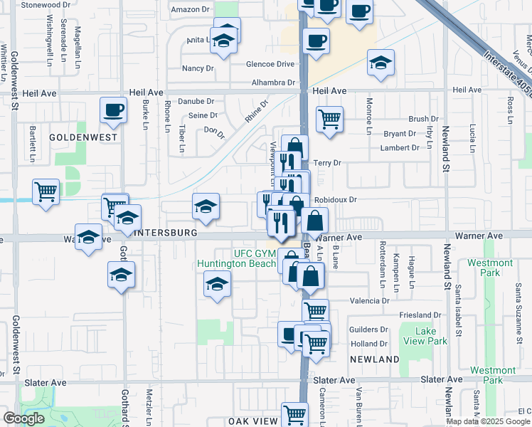 map of restaurants, bars, coffee shops, grocery stores, and more near 7911 Woodlake Drive in Huntington Beach