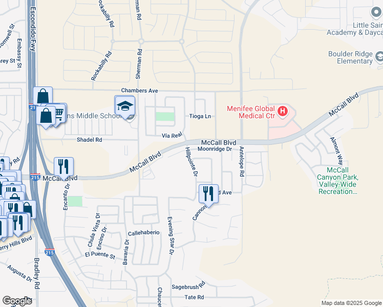 map of restaurants, bars, coffee shops, grocery stores, and more near 27780 Hillpointe Drive in Menifee