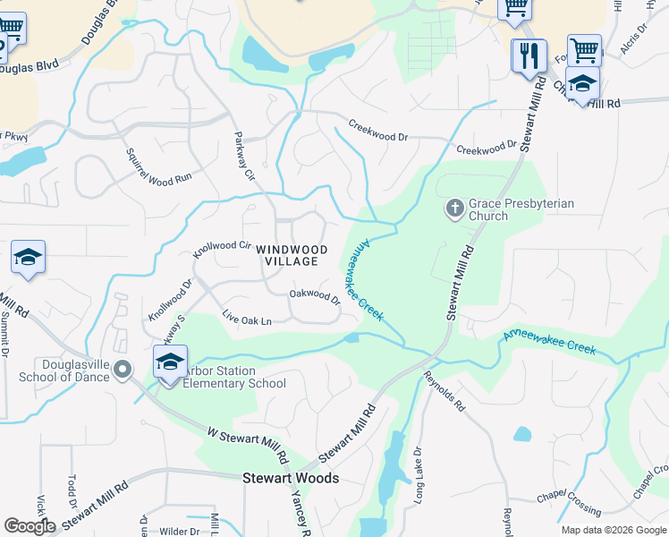 map of restaurants, bars, coffee shops, grocery stores, and more near 9886 Riverwood Court in Douglasville