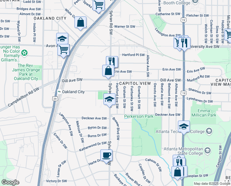map of restaurants, bars, coffee shops, grocery stores, and more near 1395 Hartford Avenue Southwest in Atlanta