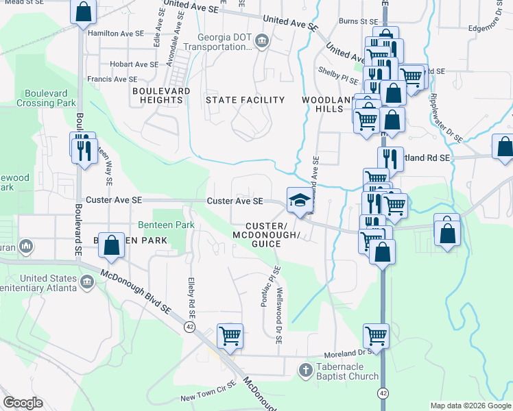 map of restaurants, bars, coffee shops, grocery stores, and more near 953 Custer Avenue Southeast in Atlanta