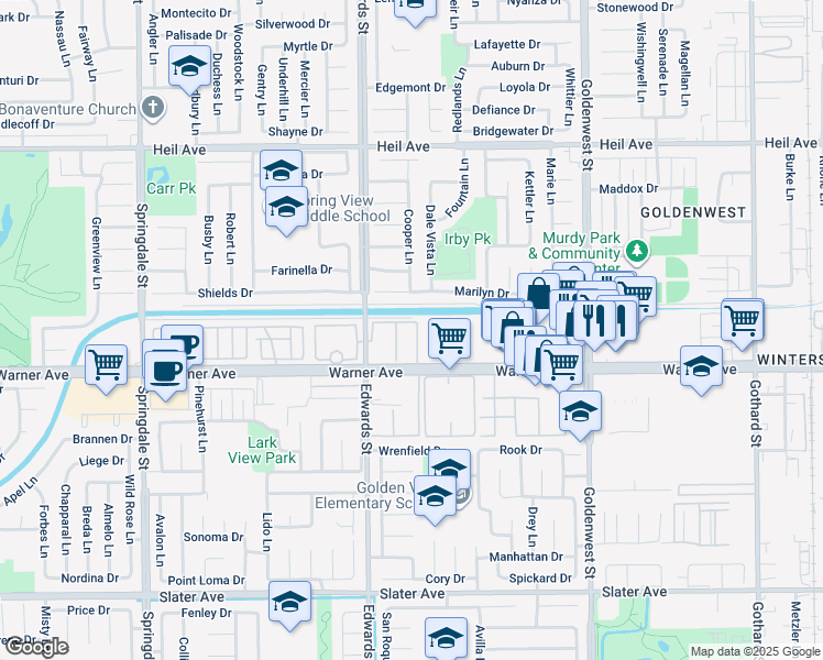 map of restaurants, bars, coffee shops, grocery stores, and more near 6551 Warner Avenue in Huntington Beach