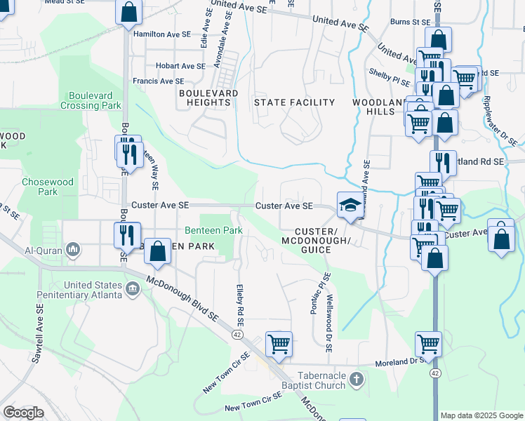 map of restaurants, bars, coffee shops, grocery stores, and more near 881 Custer Avenue Southeast in Atlanta