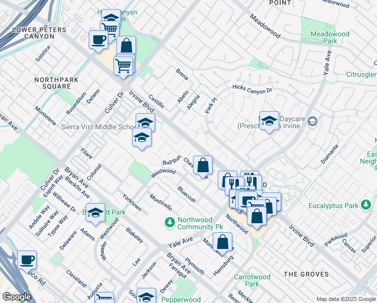 map of restaurants, bars, coffee shops, grocery stores, and more near 7 Chattanooga in Irvine