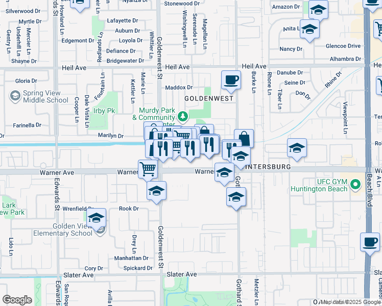 map of restaurants, bars, coffee shops, grocery stores, and more near 7191 Warner Ave in Huntington Beach