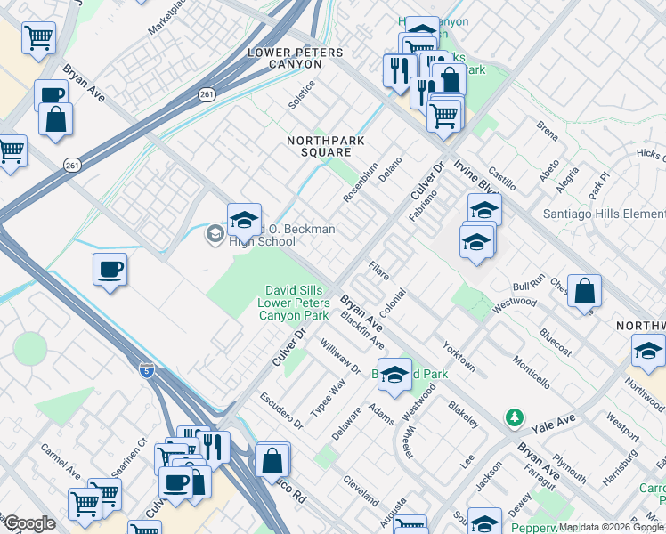 map of restaurants, bars, coffee shops, grocery stores, and more near 54 Salton in Irvine