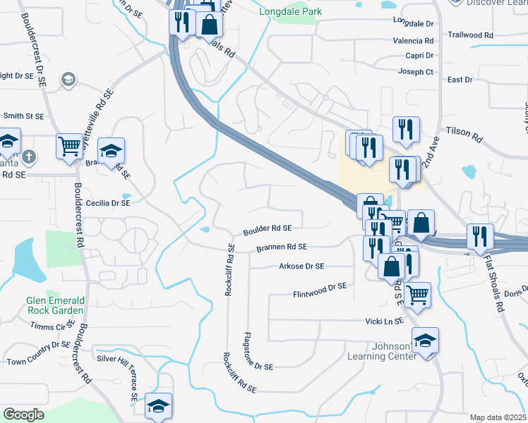 map of restaurants, bars, coffee shops, grocery stores, and more near 1765 Stoney Creek Drive Southeast in Atlanta