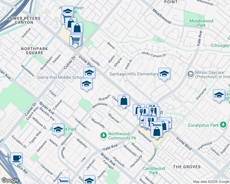 map of restaurants, bars, coffee shops, grocery stores, and more near 14 Chattanooga in Irvine