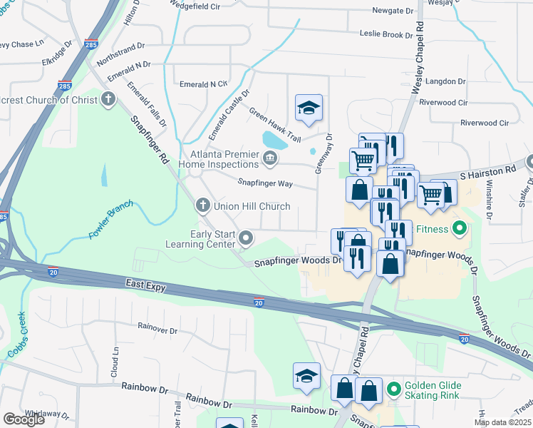 map of restaurants, bars, coffee shops, grocery stores, and more near 2379 Tiffany Circle in Decatur
