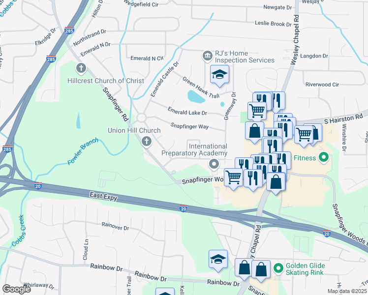 map of restaurants, bars, coffee shops, grocery stores, and more near 2344 Tiffany Circle in Decatur