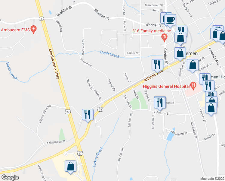 map of restaurants, bars, coffee shops, grocery stores, and more near 401 Tallapoosa Street in Bremen