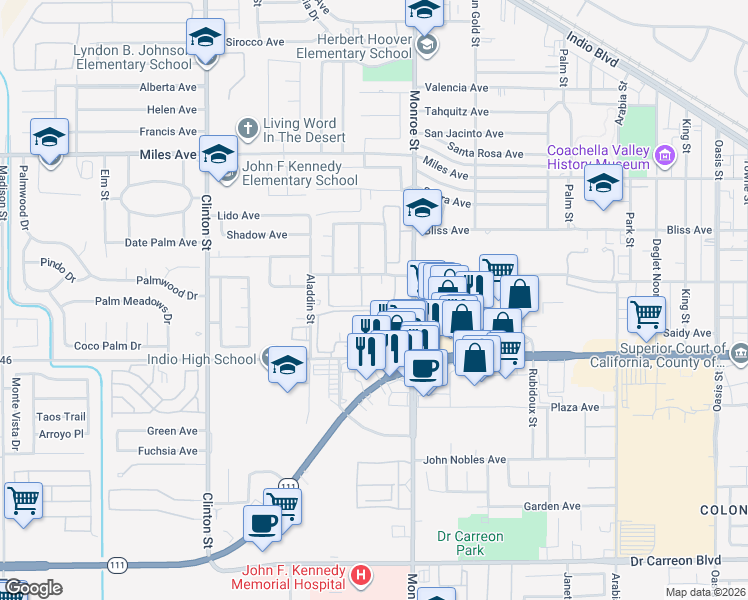 map of restaurants, bars, coffee shops, grocery stores, and more near 81-901 Shadow Palm Avenue in Indio
