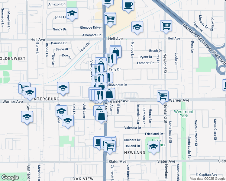 map of restaurants, bars, coffee shops, grocery stores, and more near 16902 A Lane in Huntington Beach