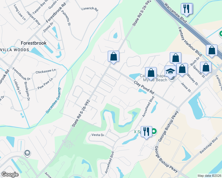 map of restaurants, bars, coffee shops, grocery stores, and more near 801 Burcale Road in Myrtle Beach