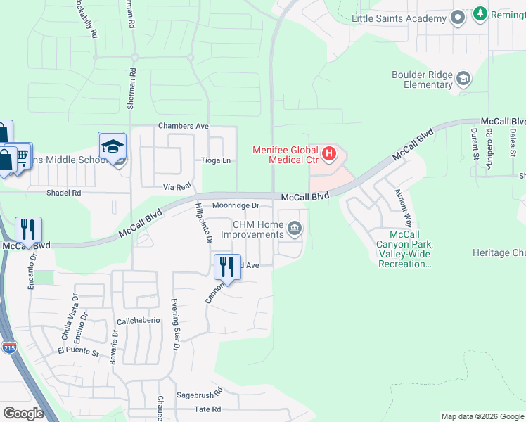 map of restaurants, bars, coffee shops, grocery stores, and more near 27776 Spring Meadow Court in Menifee