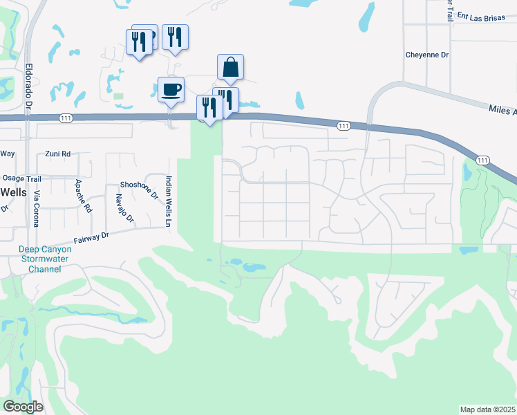 map of restaurants, bars, coffee shops, grocery stores, and more near 45705 Hopi Road in Indian Wells