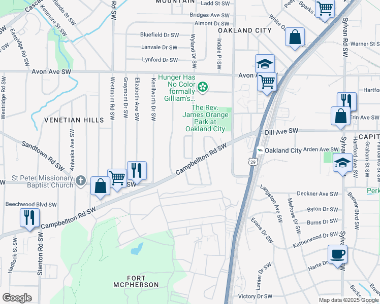 map of restaurants, bars, coffee shops, grocery stores, and more near 1401 Epworth Street Southwest in Atlanta
