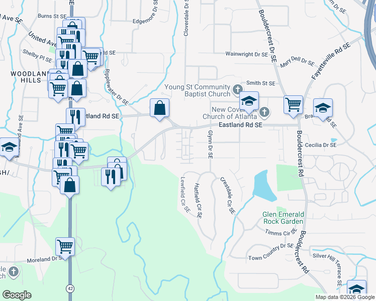 map of restaurants, bars, coffee shops, grocery stores, and more near 1425 Olden Lane in Atlanta