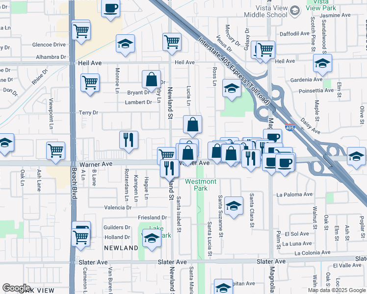 map of restaurants, bars, coffee shops, grocery stores, and more near 8552 Merle Circle in Huntington Beach