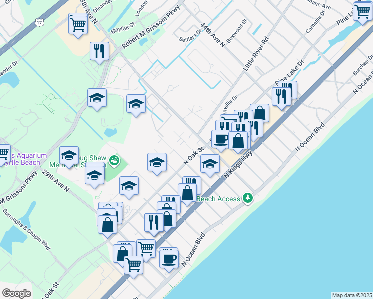 map of restaurants, bars, coffee shops, grocery stores, and more near 608 36th Avenue North in Myrtle Beach