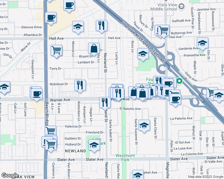 map of restaurants, bars, coffee shops, grocery stores, and more near 8542 Merle Circle in Huntington Beach