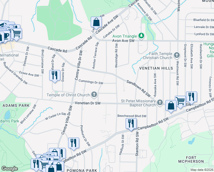 map of restaurants, bars, coffee shops, grocery stores, and more near 1854 Cummings Drive Southwest in Atlanta