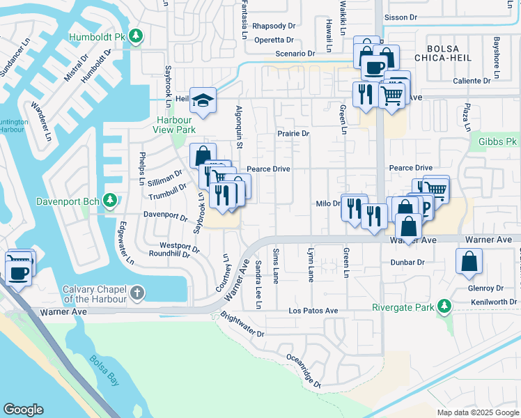 map of restaurants, bars, coffee shops, grocery stores, and more near 4591 Warner Avenue in Huntington Beach