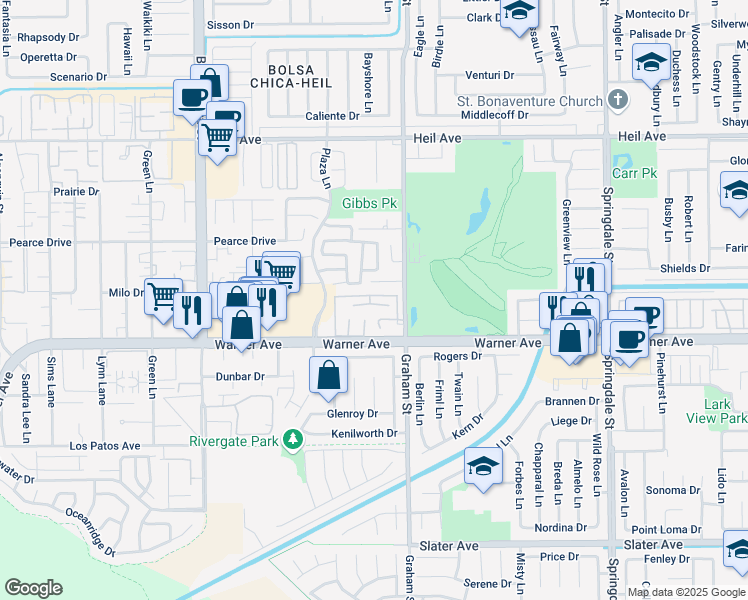 map of restaurants, bars, coffee shops, grocery stores, and more near 5451 Bonanza Drive in Huntington Beach