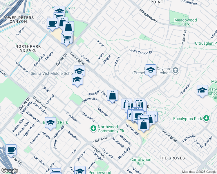 map of restaurants, bars, coffee shops, grocery stores, and more near 14 Chattanooga in Irvine