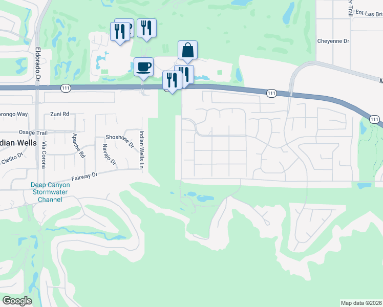 map of restaurants, bars, coffee shops, grocery stores, and more near 76670 Lark Lane in Indian Wells