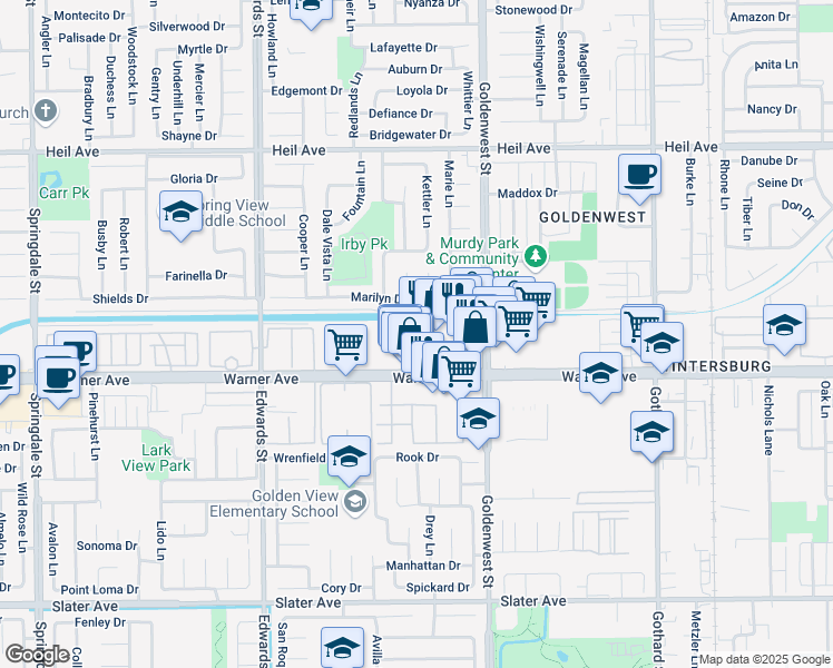 map of restaurants, bars, coffee shops, grocery stores, and more near 6833 Warner Avenue in Huntington Beach