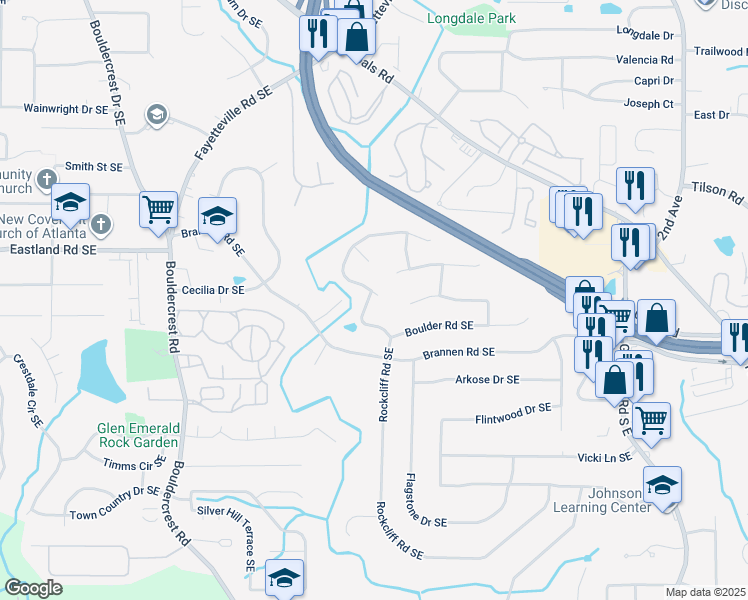 map of restaurants, bars, coffee shops, grocery stores, and more near 2426 Rockcliff Road Southeast in Atlanta