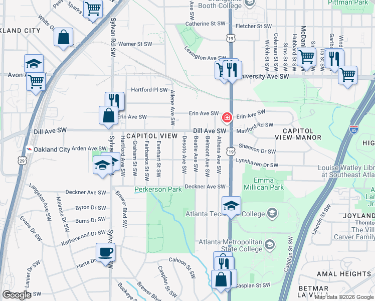 map of restaurants, bars, coffee shops, grocery stores, and more near 1392 Desoto Avenue Southwest in Atlanta